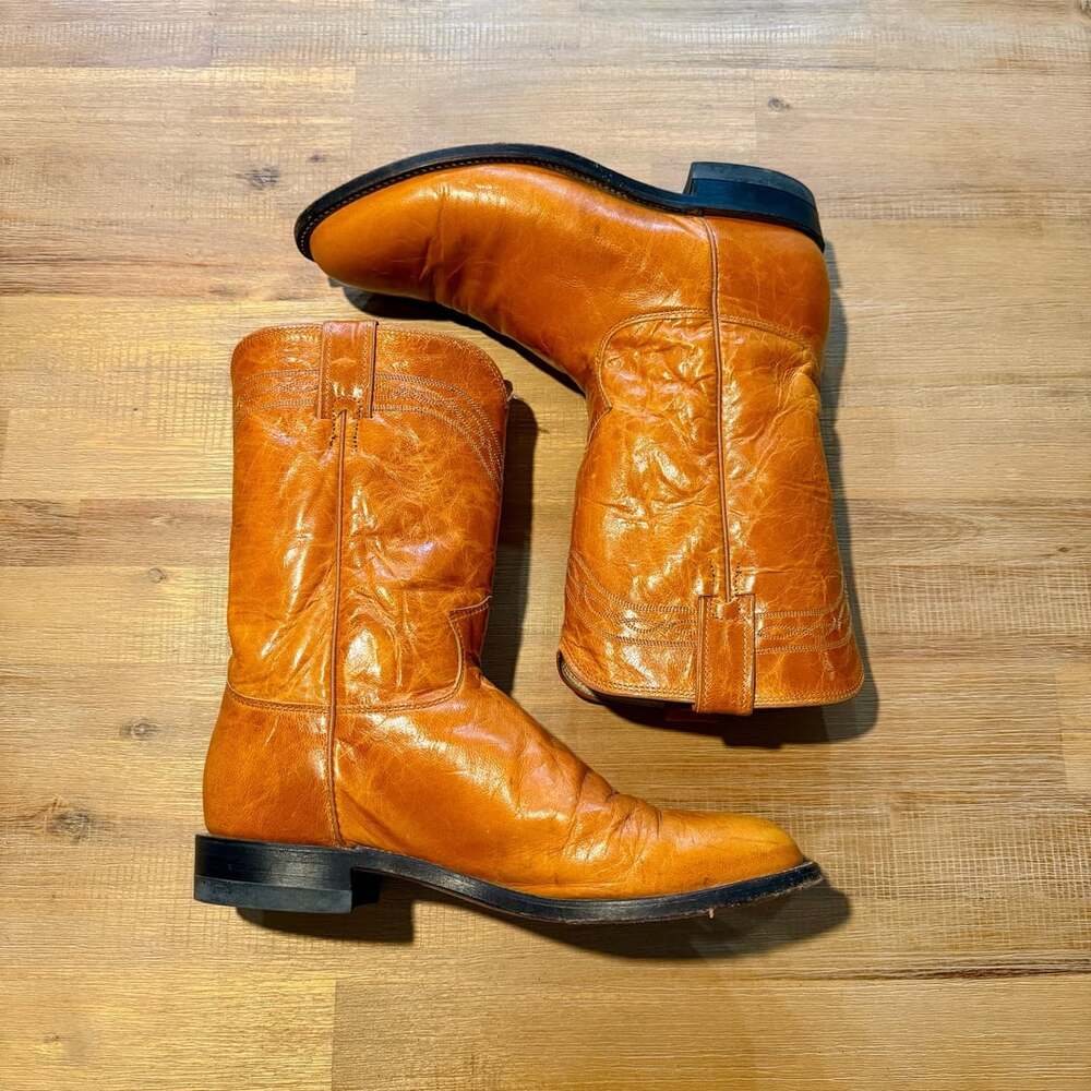 Vintage Justin P1364 Western Cowboy Boots 9 EE USA Made Cognac Orange Leather